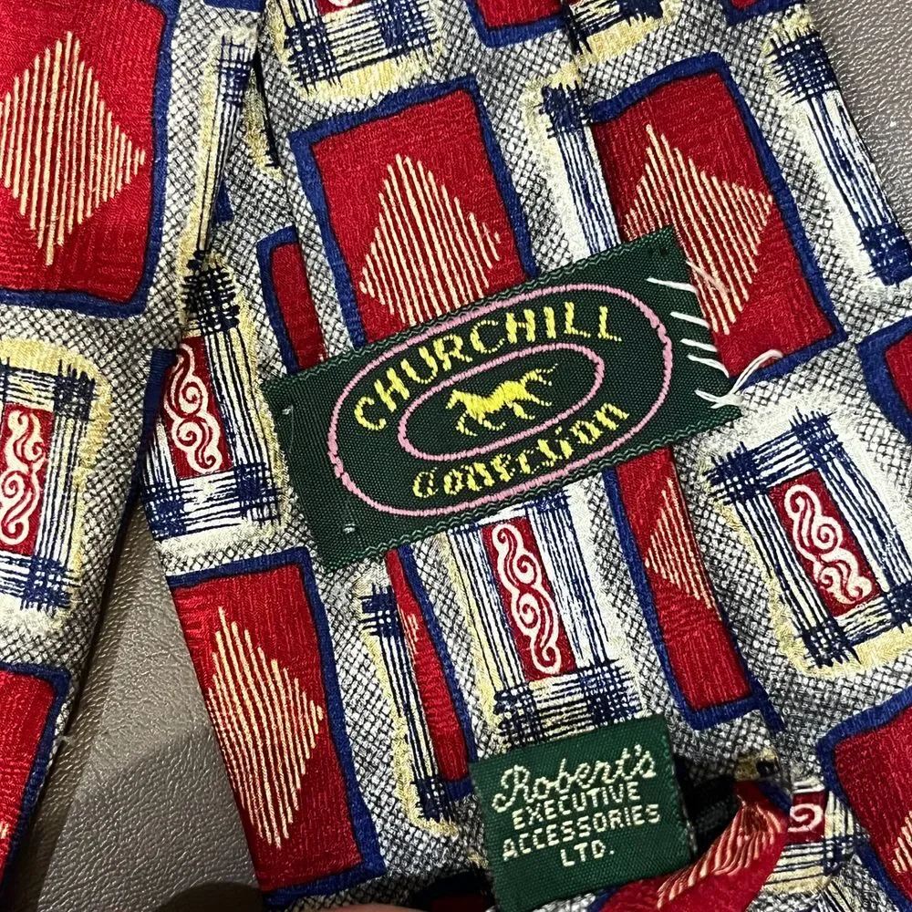 Churchill Collection Vintage Geometric Diamond Pattern Silk Tie‎ Red White Blue